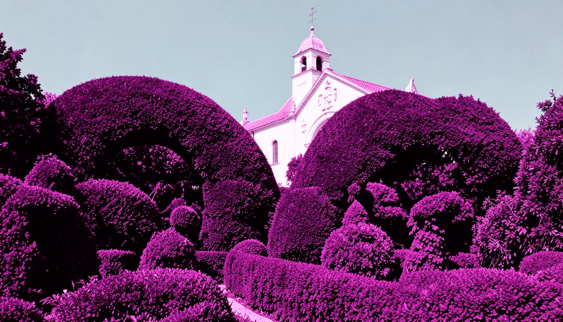 Jardín topiario con arbustos recortados en formas de arcos y figuras caprichosas, frente a una iglesia blanca con cielo azul de fondo.